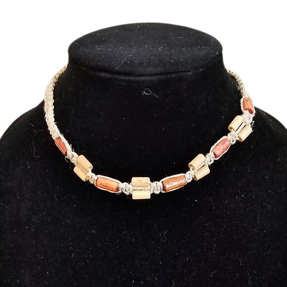 Vintage Y2K Hemp Style Braided Choker Necklace w/ Wooden beads Hippie - Picture 1 of 5